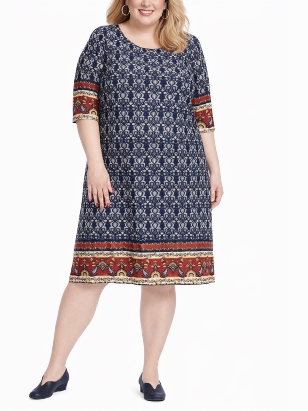 Single Los Angeles Jersey Border Printed Shift Office Casual Stretch Dress. 5X